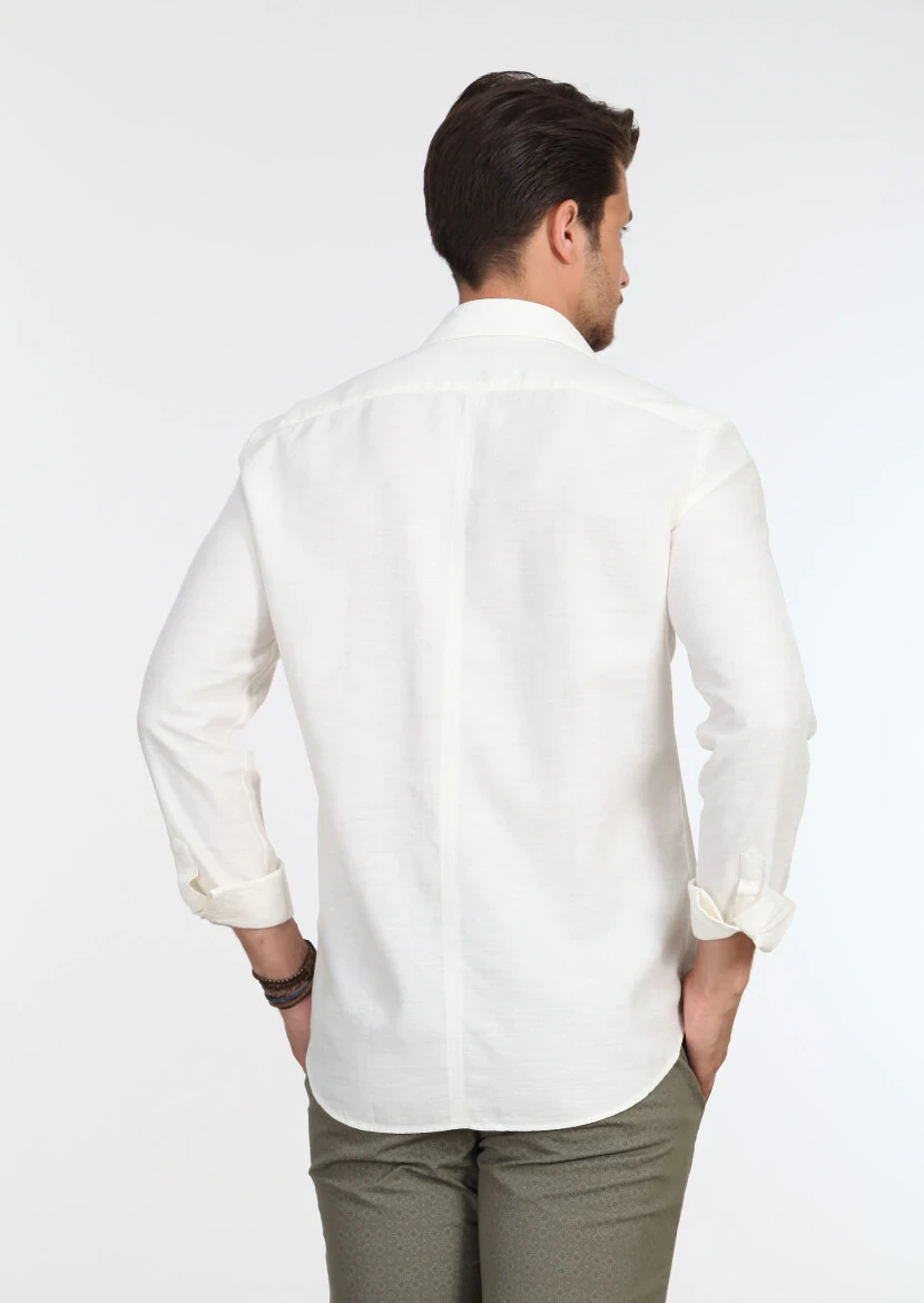 Ecru Patterned Slim Fit Weaving Casual 100% Cotton Shirt - 4