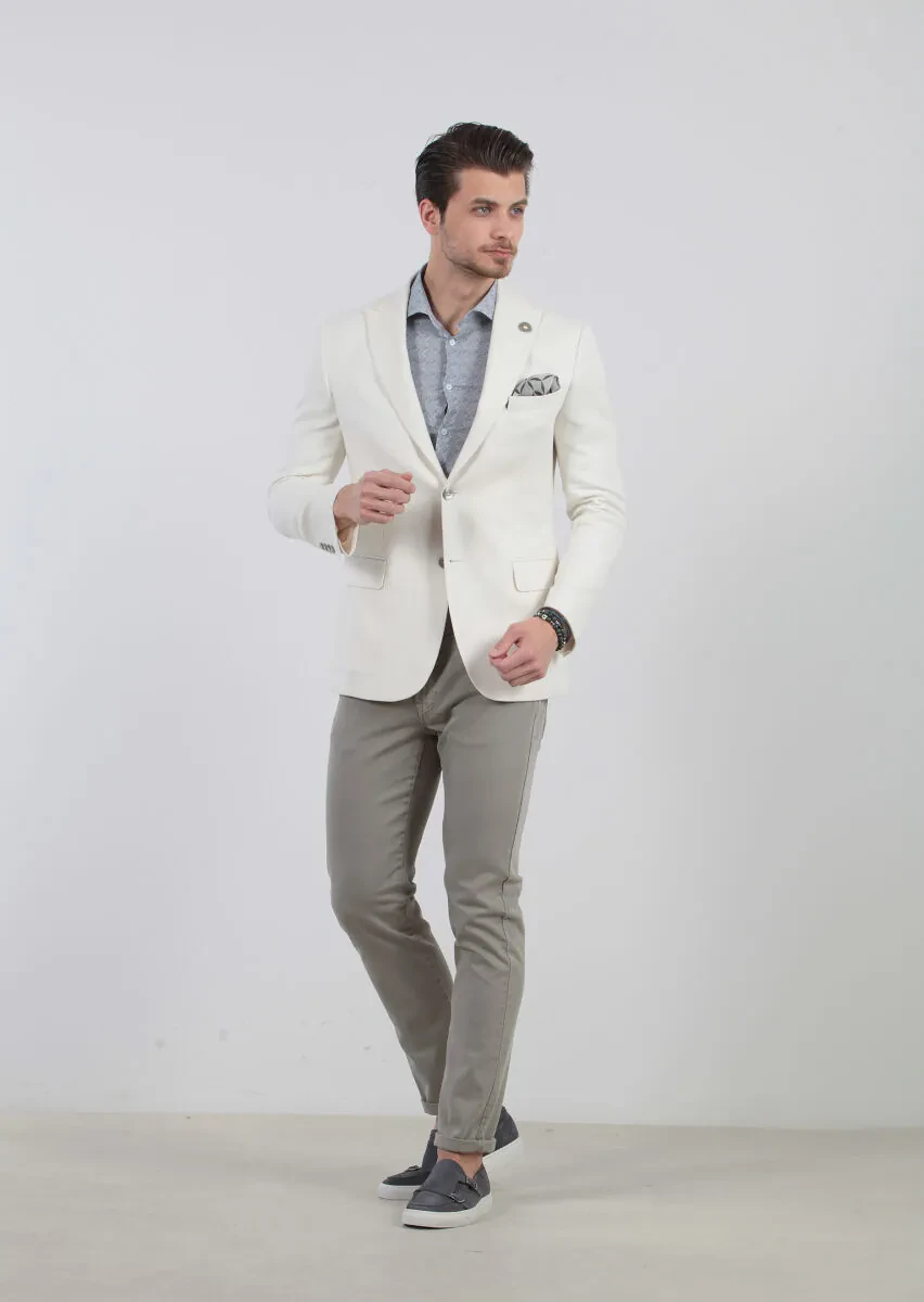 Ecru Patterned Zeroweight-Slim Fit Cotton Blended Jacket - 2