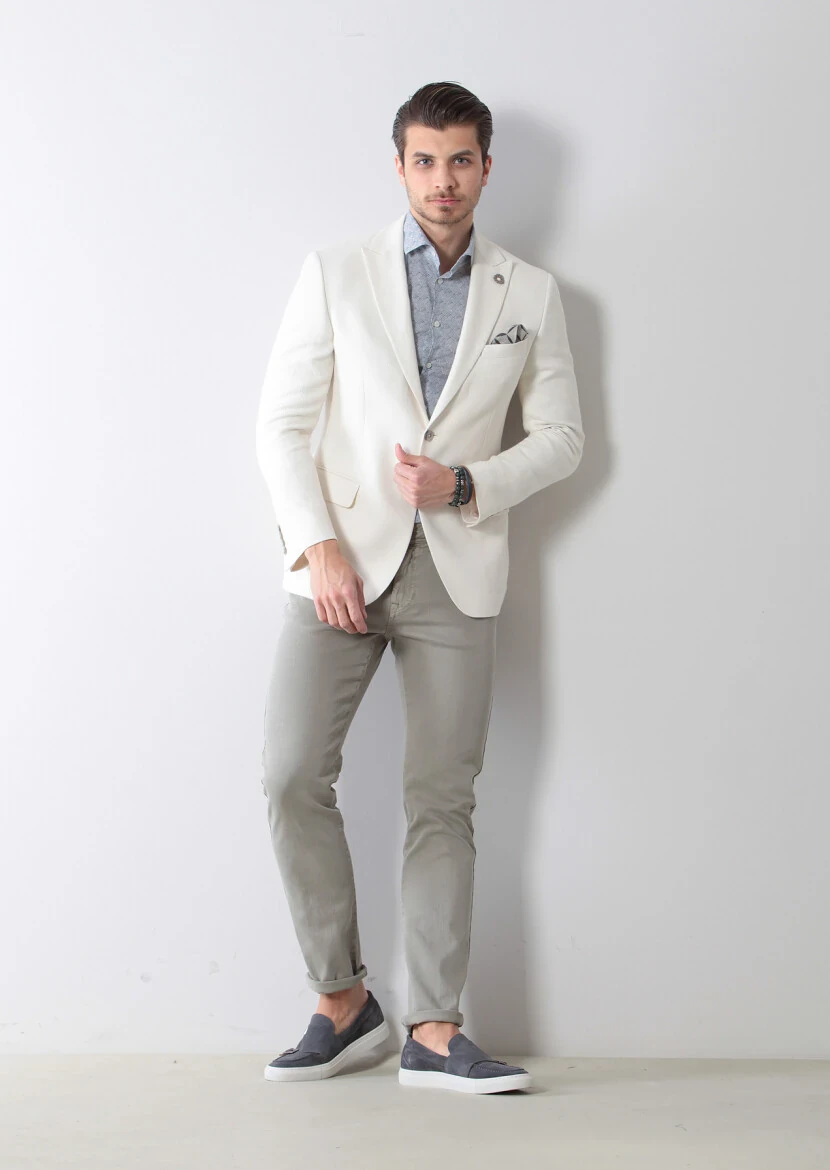 Ecru Patterned Zeroweight-Slim Fit Cotton Blended Jacket - 4