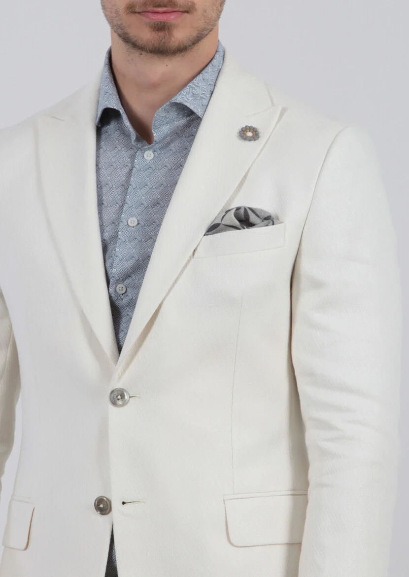 Ecru Patterned Zeroweight-Slim Fit Cotton Blended Jacket - 6