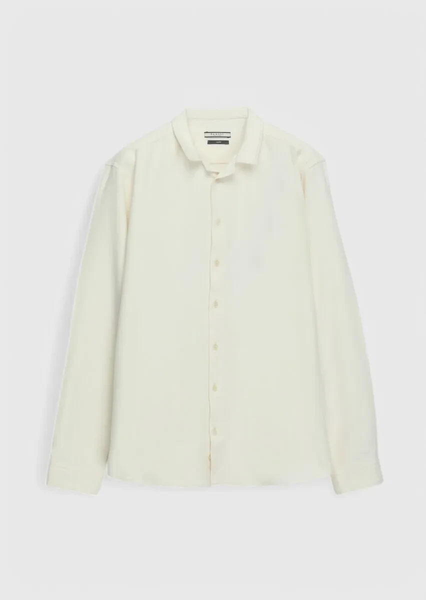 Ecru Plain Casual Fit Weaving Casual 100% Cotton Shirt - 1