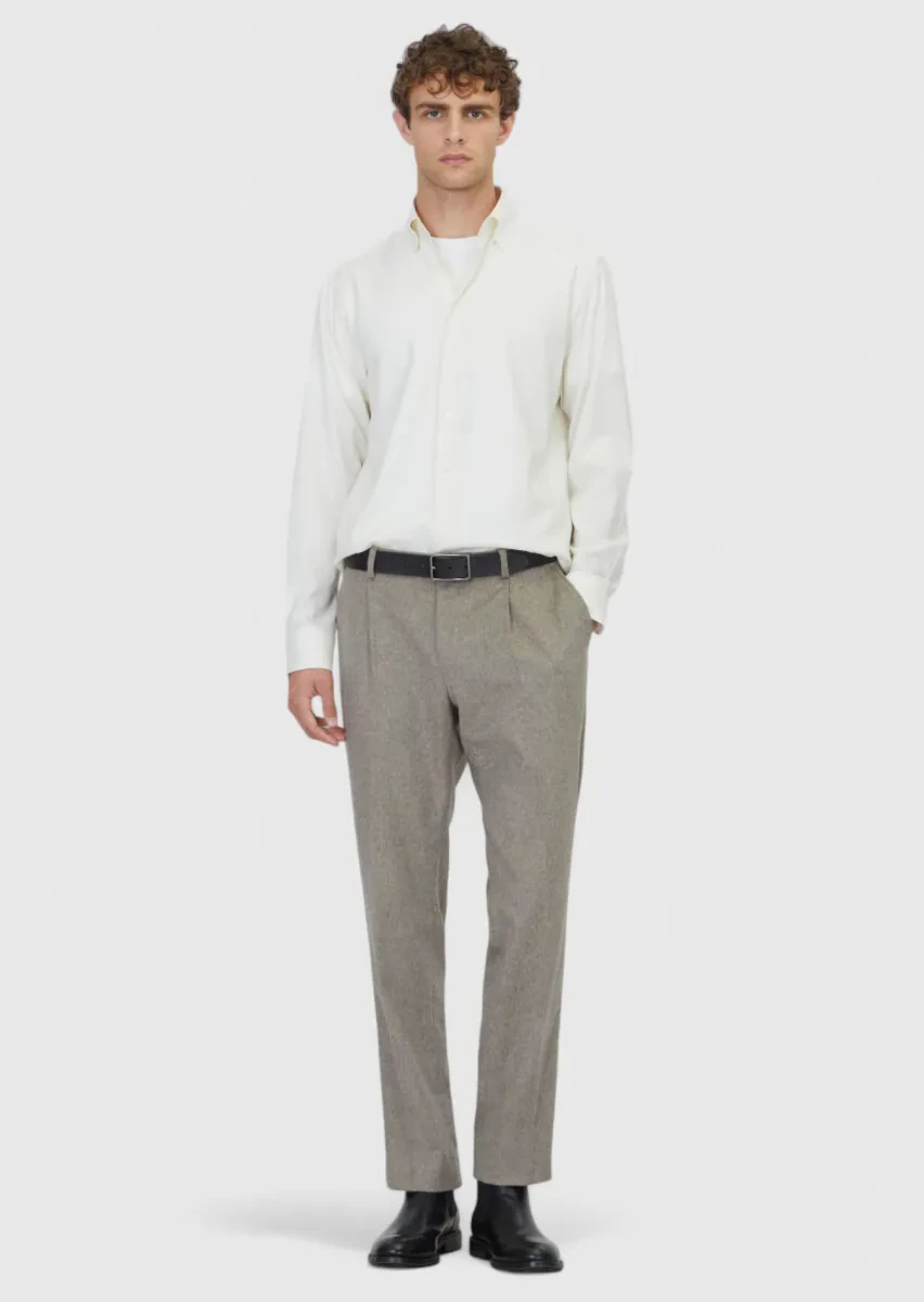 Ecru Plain Casual Fit Weaving Casual Silk Blended Shirt - 2