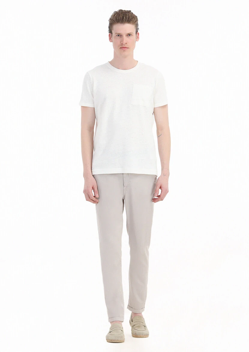 Ecru Plain Crew Neck 100% Linen T-Shirt - 1