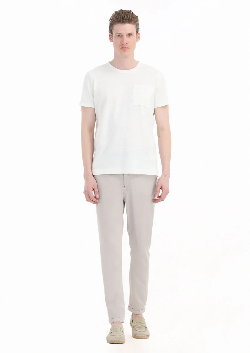 Ecru Plain Crew Neck 100% Linen T-Shirt - 1