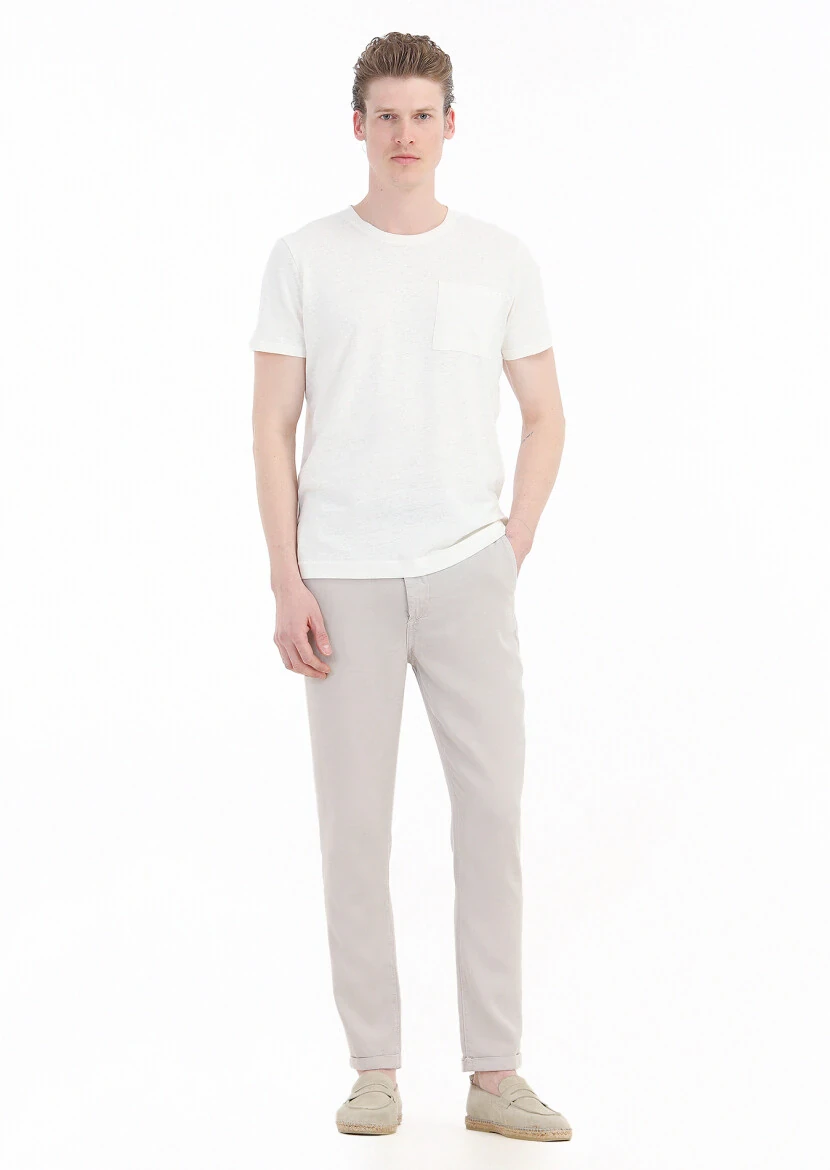 Ecru Plain Crew Neck 100% Linen T-Shirt - 3