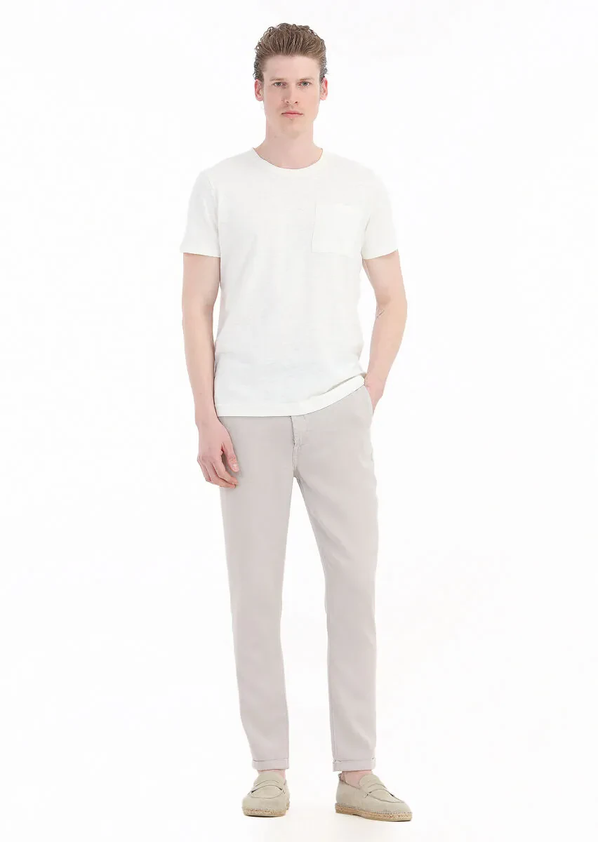 Ecru Plain Crew Neck 100% Linen T-Shirt - 3