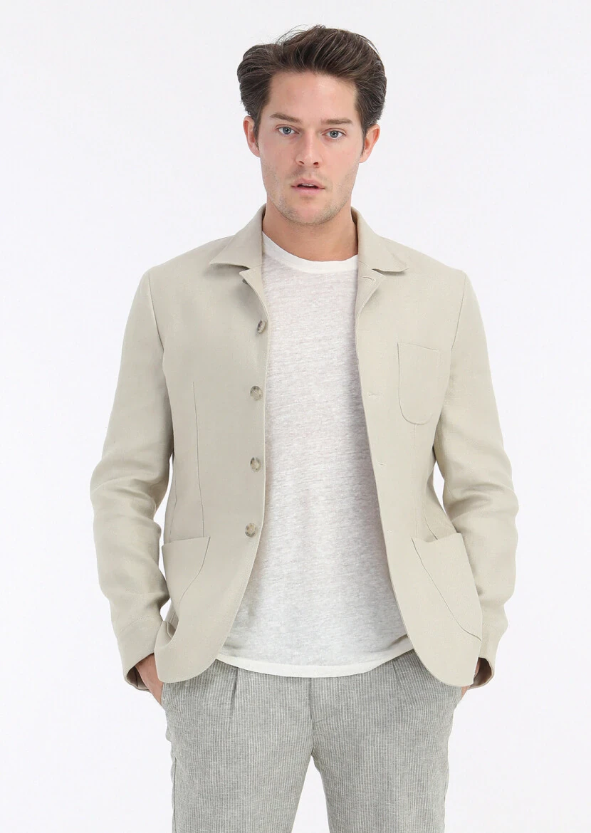 Ecru Plain Crew Neck 100% Linen T-Shirt - 4