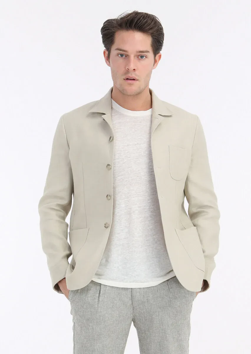 Ecru Plain Crew Neck 100% Linen T-Shirt - 4