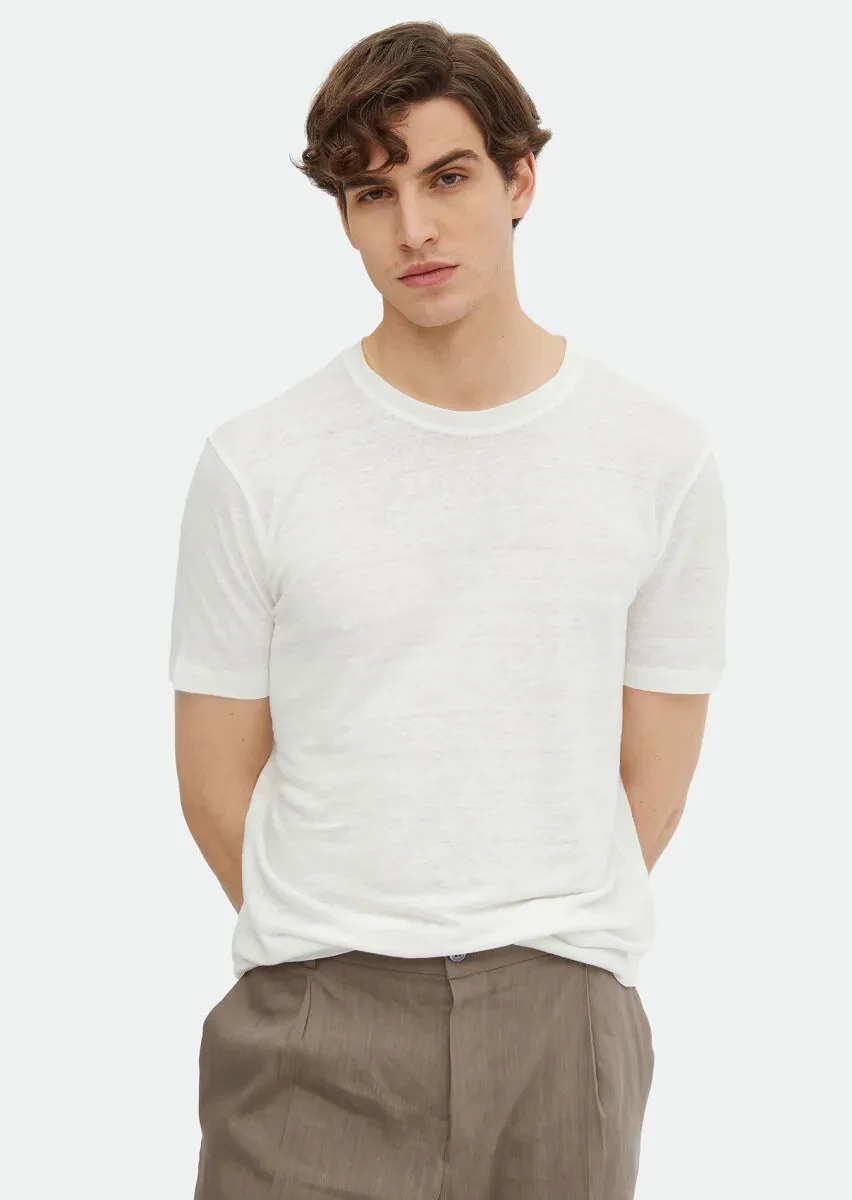 Ecru Plain Crew Neck 100% Linen T-Shirt - 1