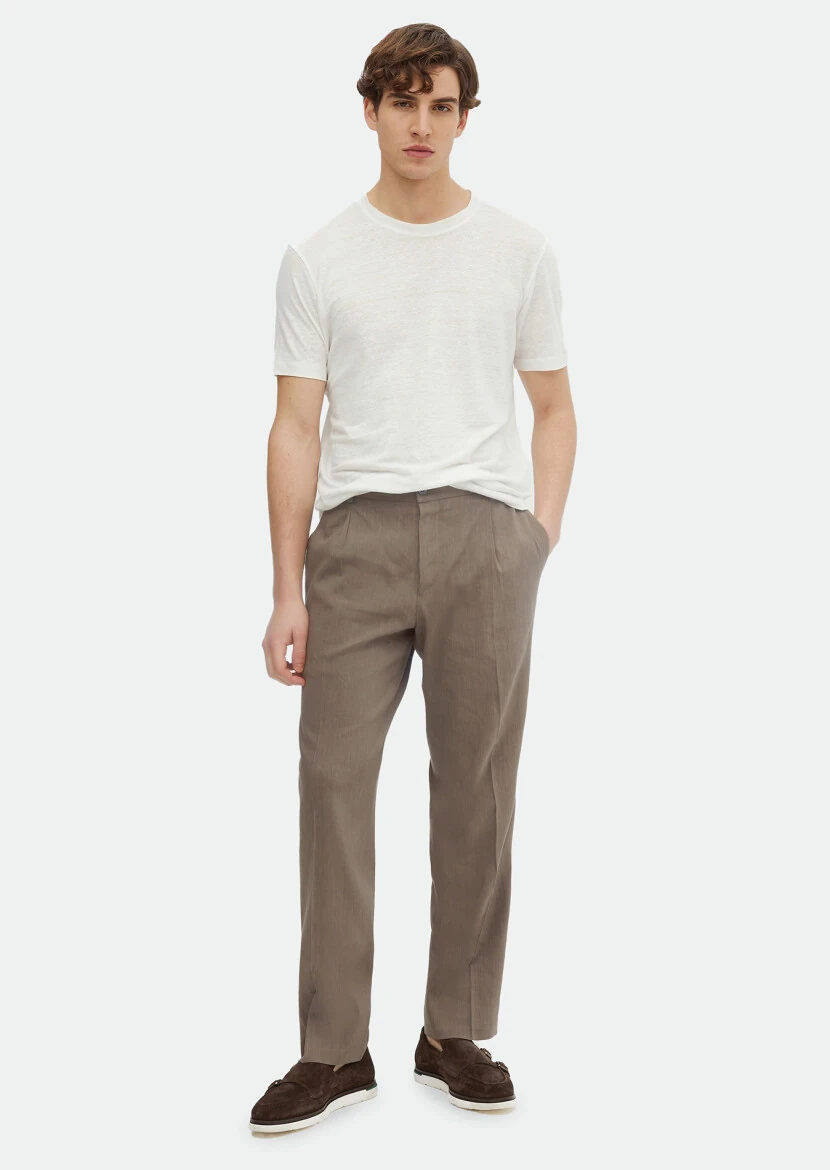 Ecru Plain Crew Neck 100% Linen T-Shirt - RAMSEY