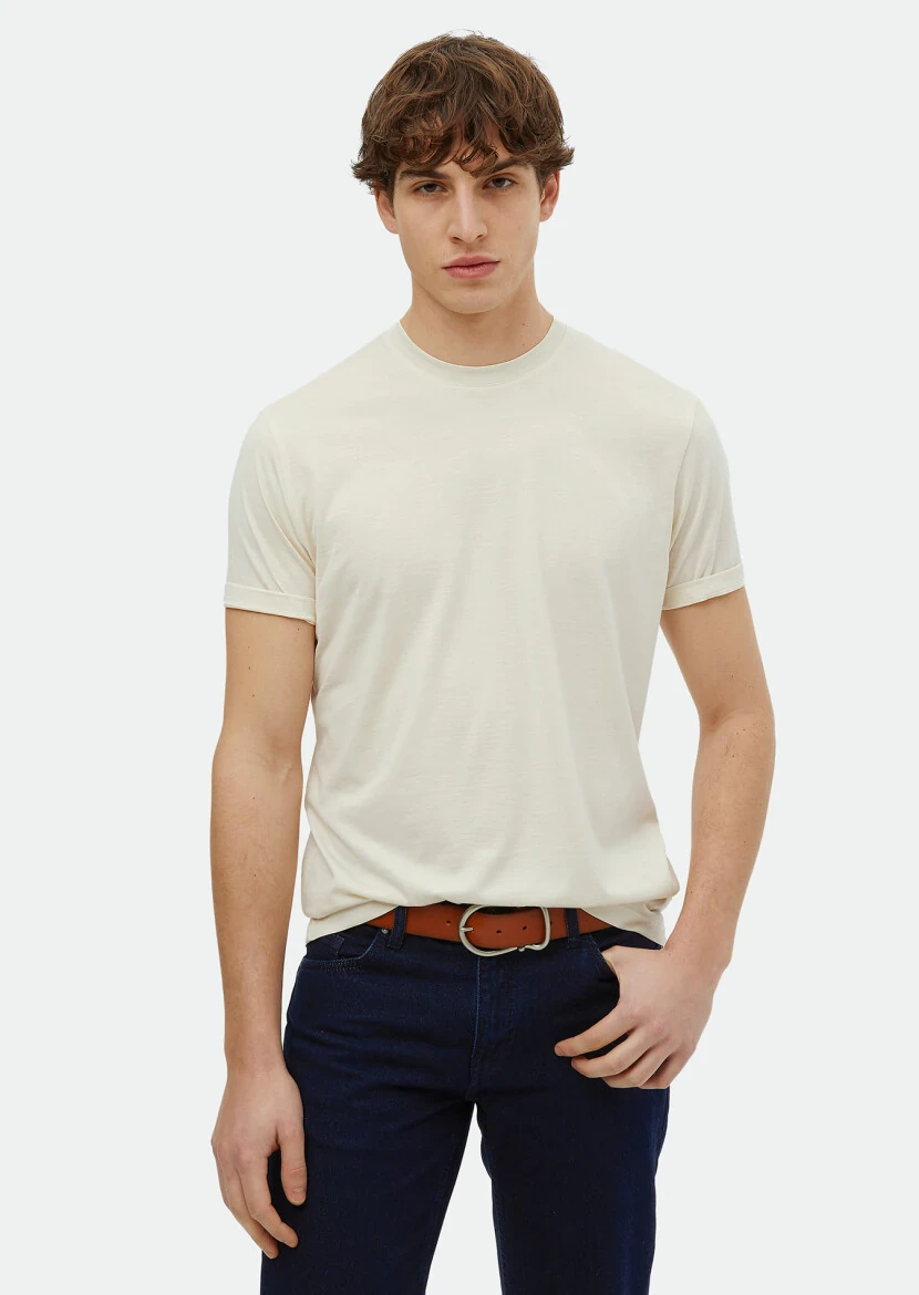 Ecru Plain Crew Neck Silk Blended T-Shirt - RAMSEY