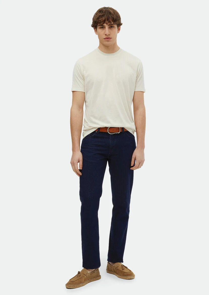 Ecru Plain Crew Neck Silk Blended T-Shirt - RAMSEY