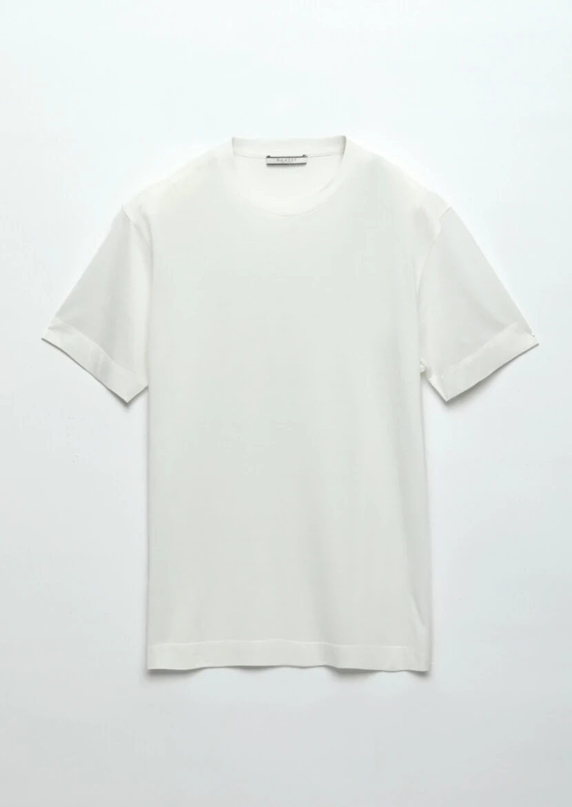 Ecru Plain Crew Neck Silk Blended T-Shirt - 6
