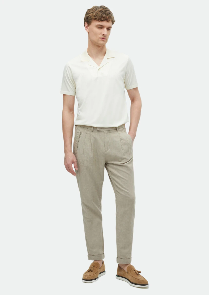 Ecru Plain Cuban Collar 100% Cotton T-Shirt - 1