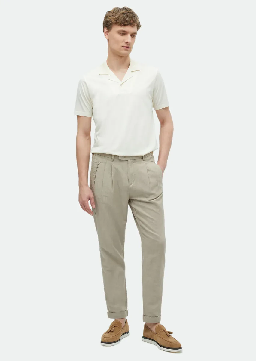 Ecru Plain Cuban Collar 100% Cotton T-Shirt - 1