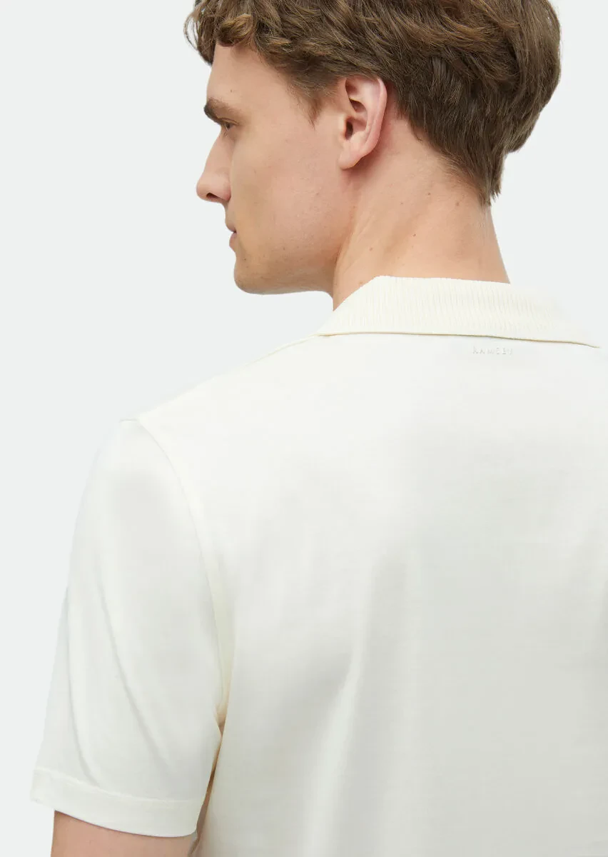 Ecru Plain Cuban Collar 100% Cotton T-Shirt - 5