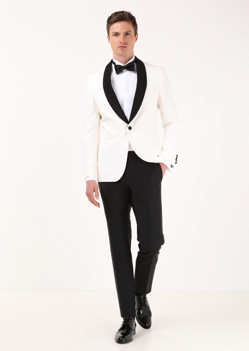 Ecru Plain Modern Fit Shawl Collar Weaving Tuxedo - RAMSEY
