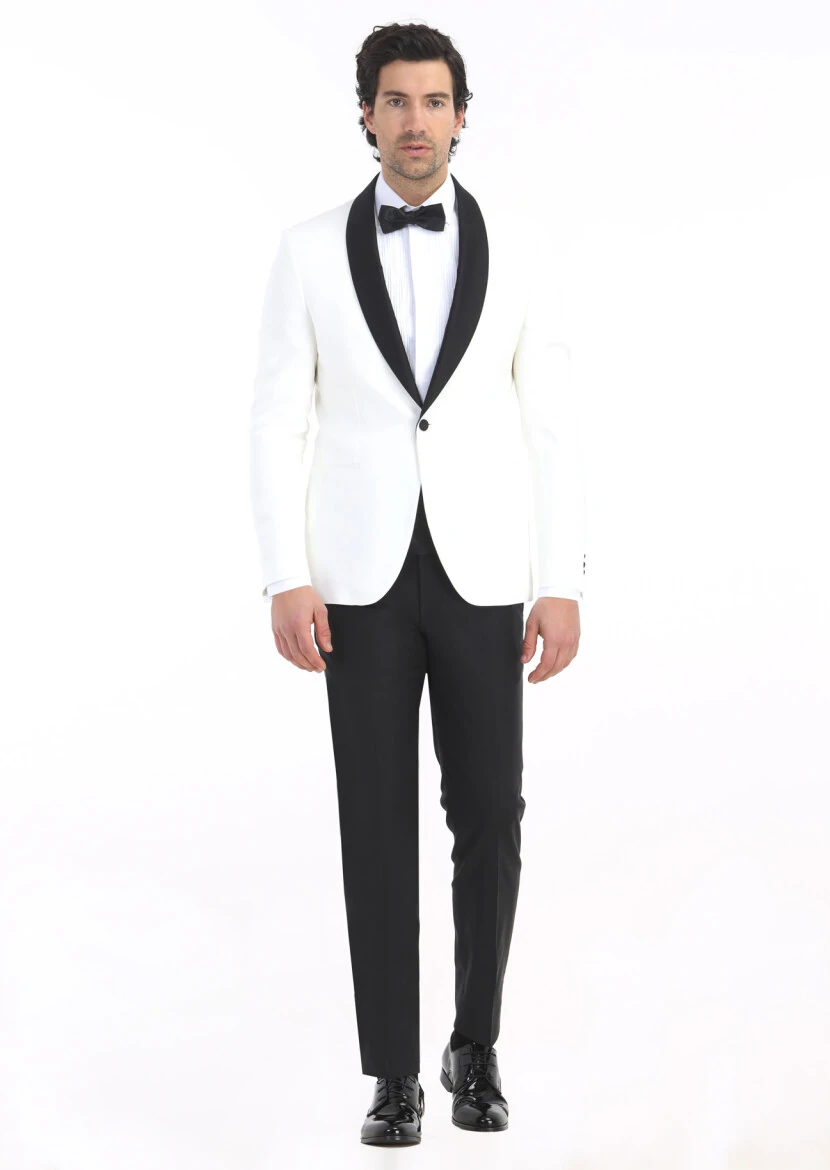 Ecru Plain Modern Fit Shawl Collar Weaving Tuxedo - RAMSEY