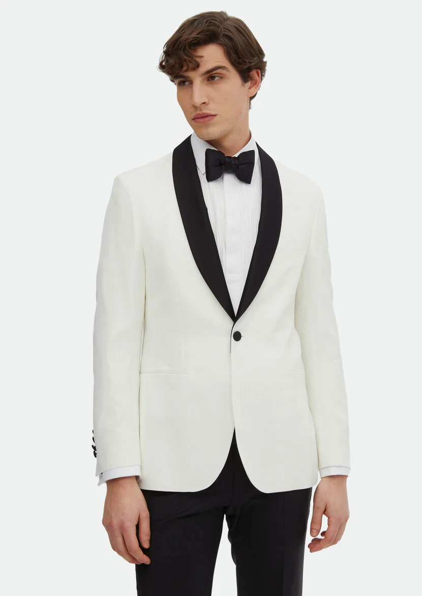 Ecru Plain Modern Fit Shawl Collar Weaving Tuxedo - RAMSEY