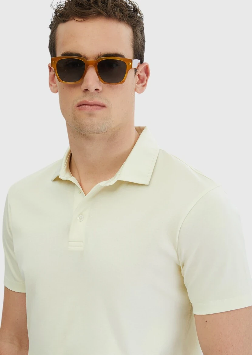 Ecru Plain Polo Neck 100% Cotton T-Shirt - 3