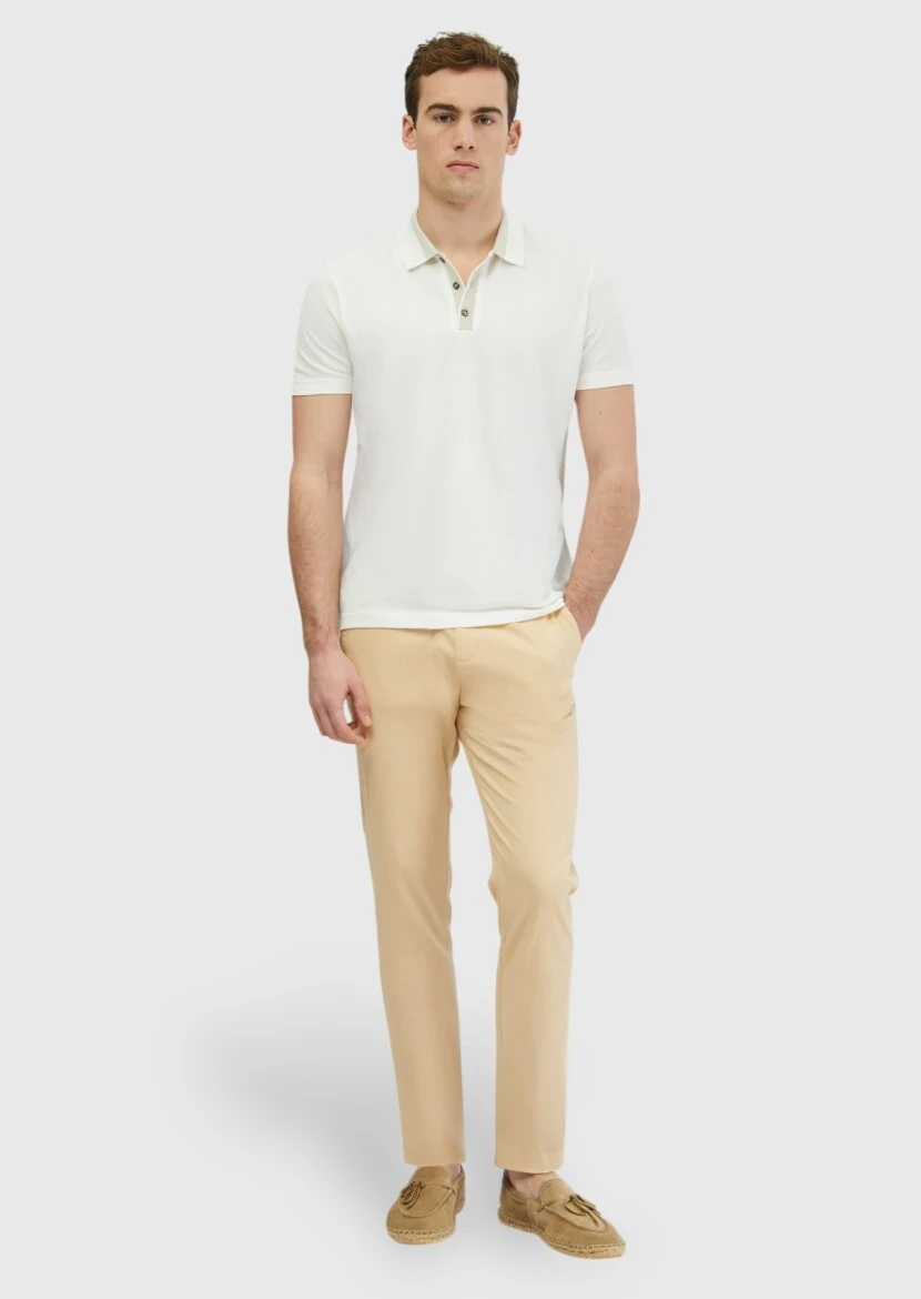 Ecru Plain Polo Neck 100% Cotton T-Shirt - RAMSEY