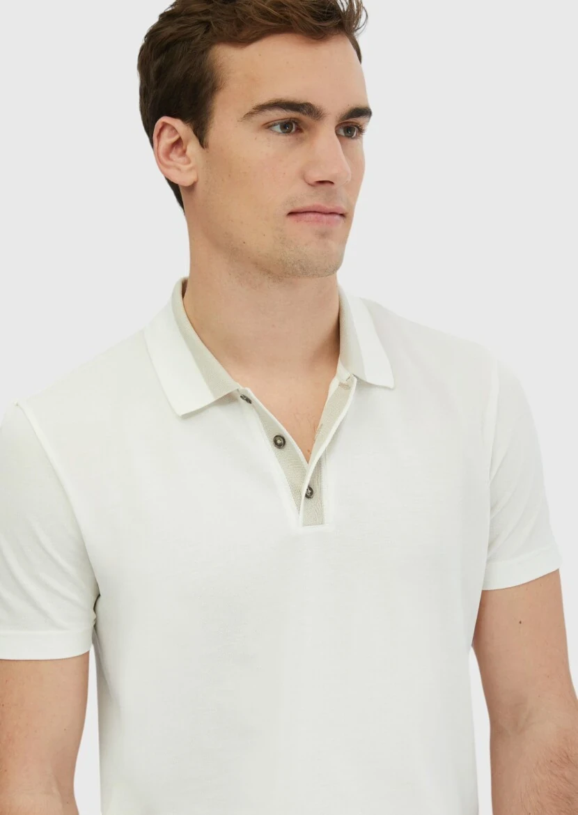 Ecru Plain Polo Neck 100% Cotton T-Shirt - 3