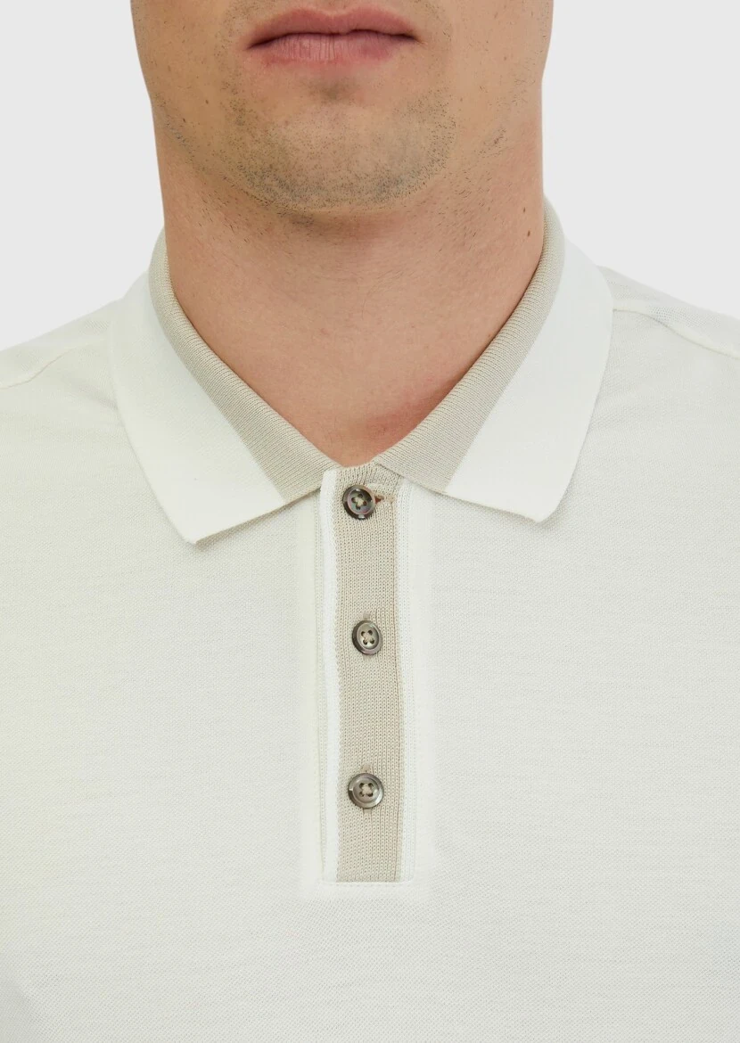 Ecru Plain Polo Neck 100% Cotton T-Shirt - 4