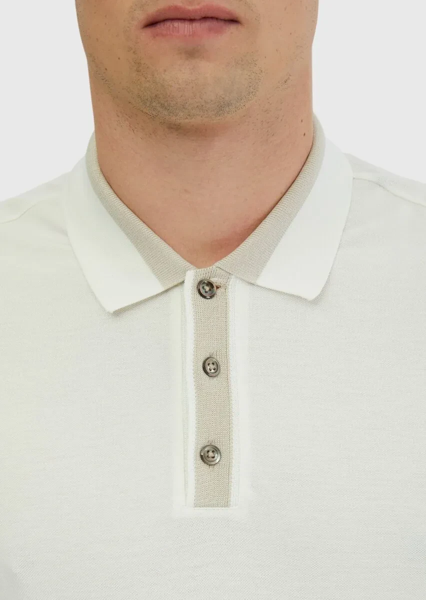Ecru Plain Polo Neck 100% Cotton T-Shirt - 4