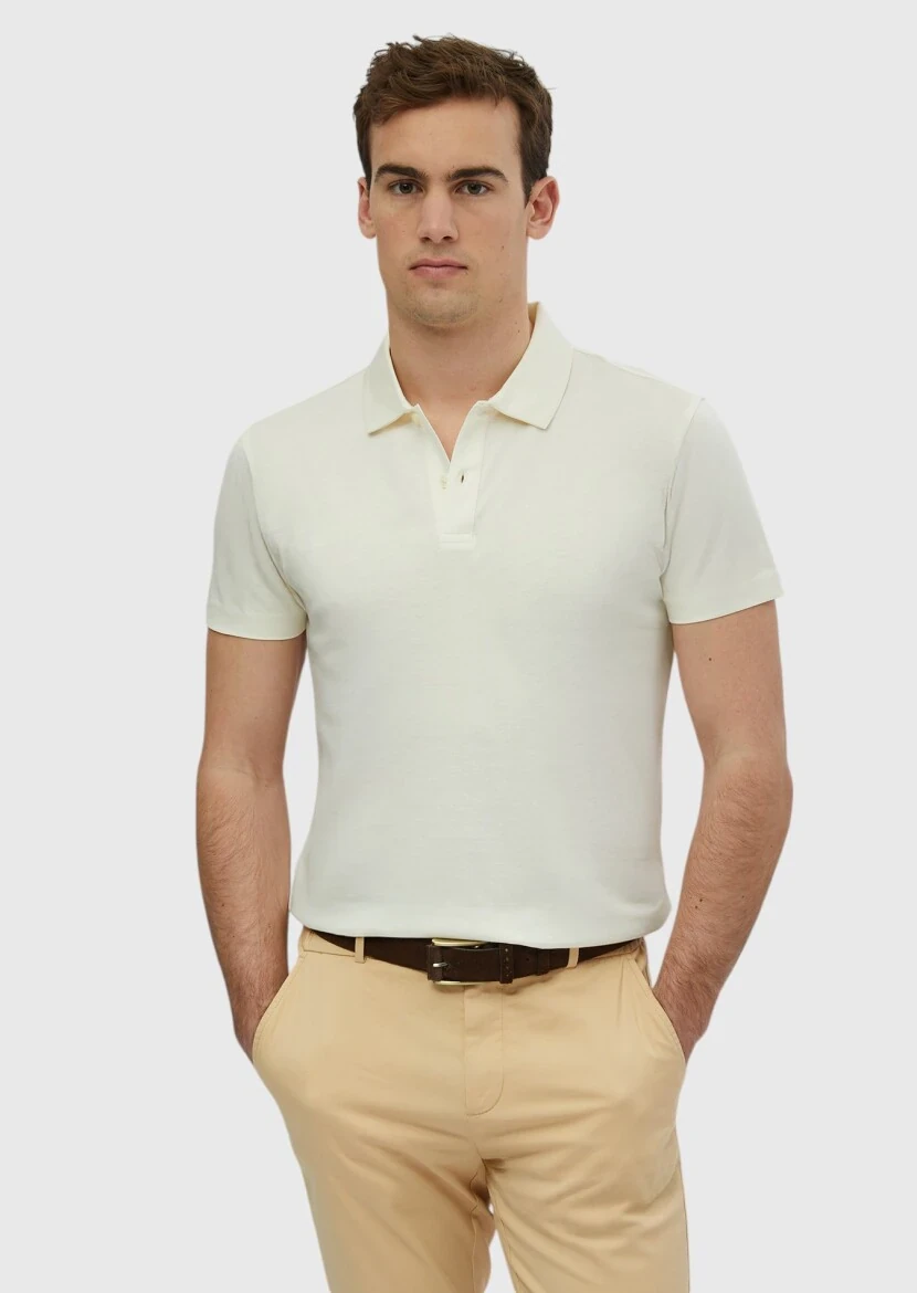 Ecru Plain Polo Neck 100% Cotton T-Shirt - RAMSEY