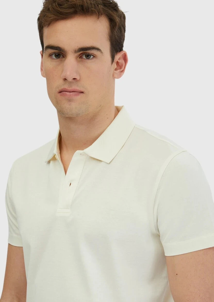 Ecru Plain Polo Neck 100% Cotton T-Shirt - 3