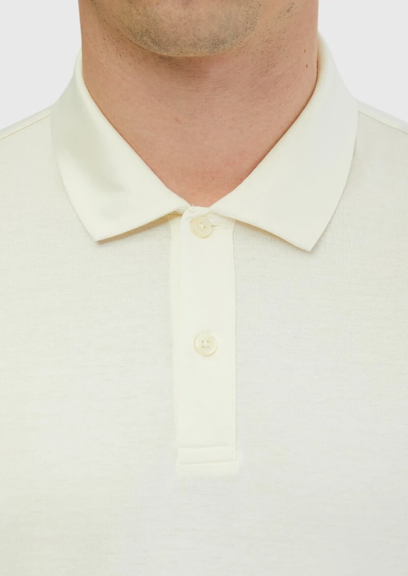 Ecru Plain Polo Neck 100% Cotton T-Shirt - 4