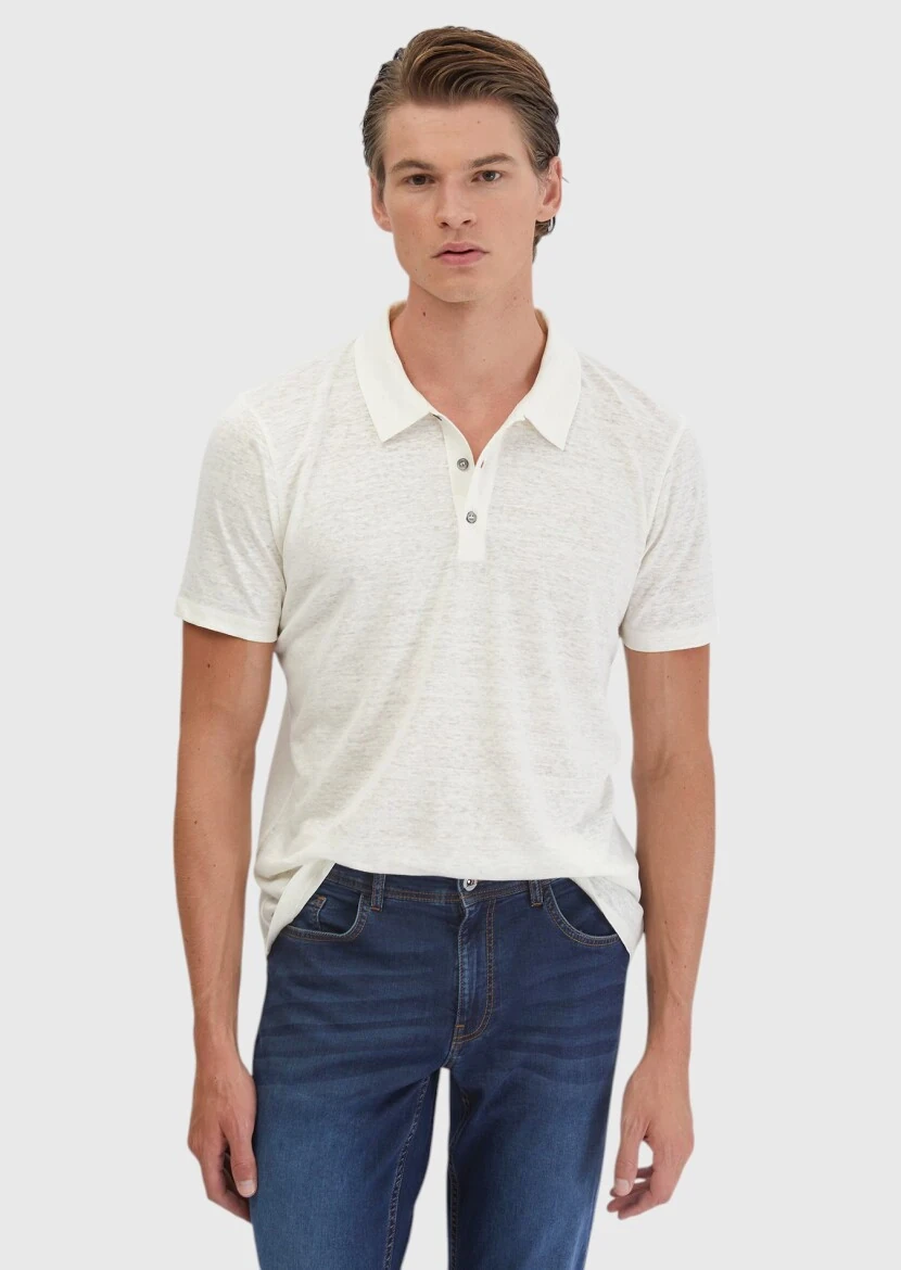 Ecru Plain Polo Neck 100% Linen T-Shirt - RAMSEY