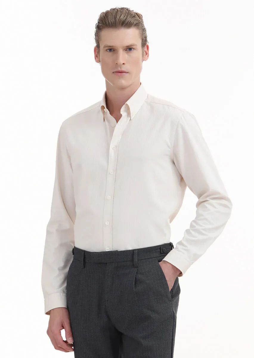 Ecru Plain Regular Fit Weaving Casual 100% Cotton Shirt - 1