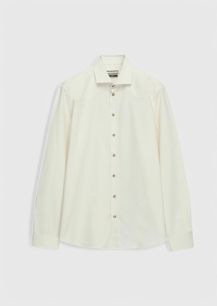 Ecru Plain Regular Fit Weaving Casual 100% Cotton Shirt 