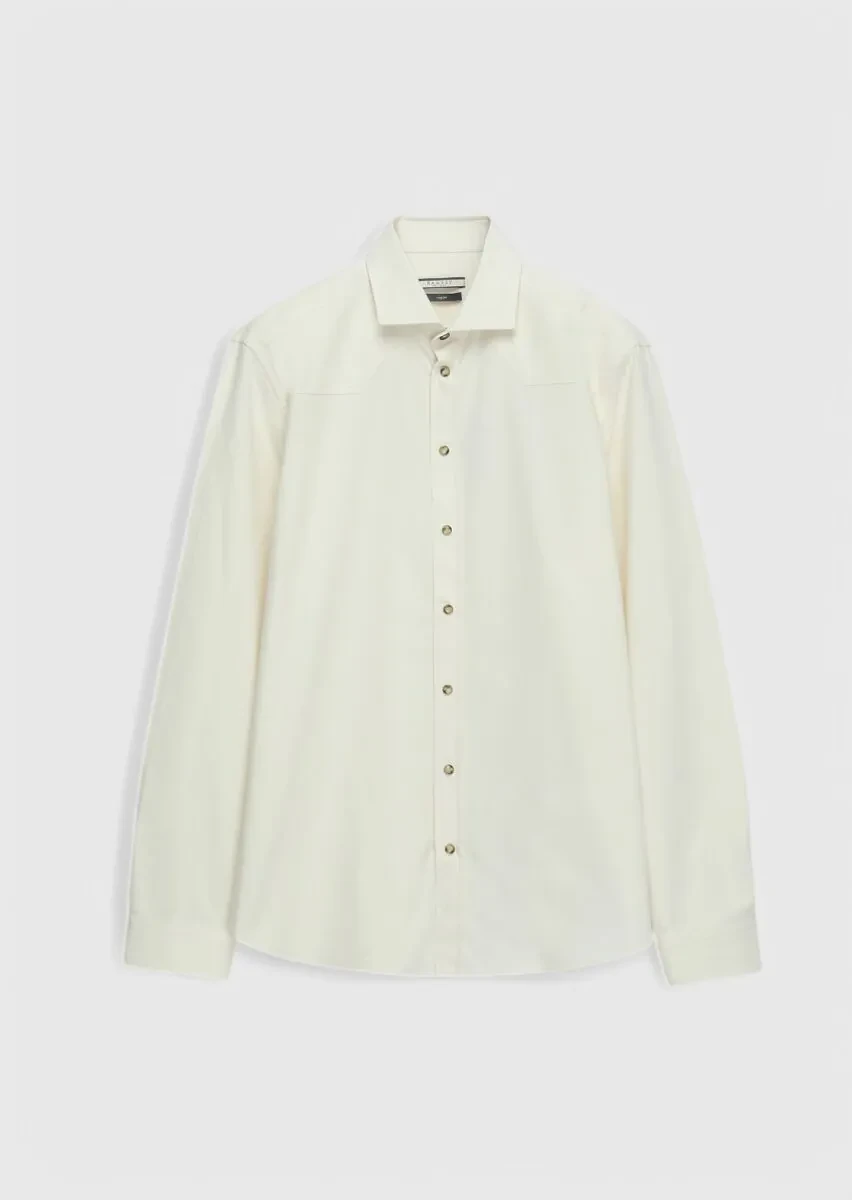 Ecru Plain Regular Fit Weaving Casual 100% Cotton Shirt - 1