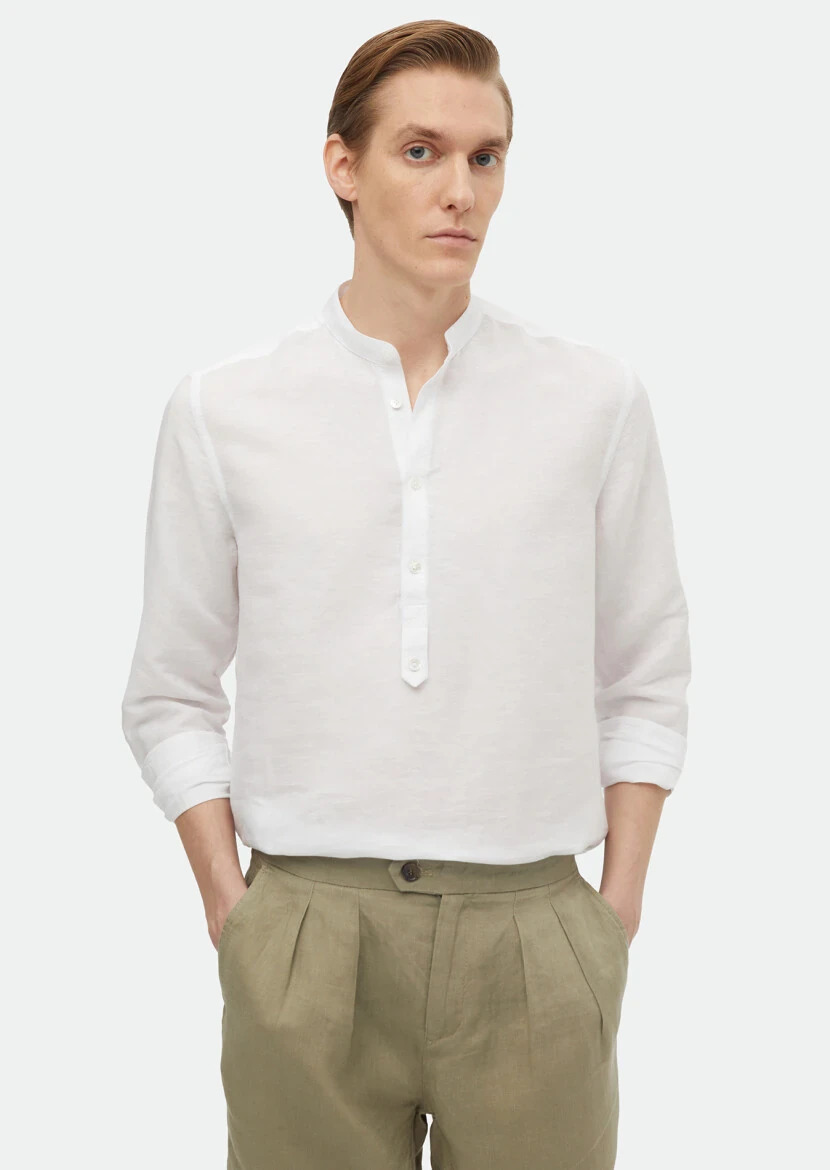 Ecru Plain Regular Fit Weaving Casual Cotton Blended Shirt - RAMSEY