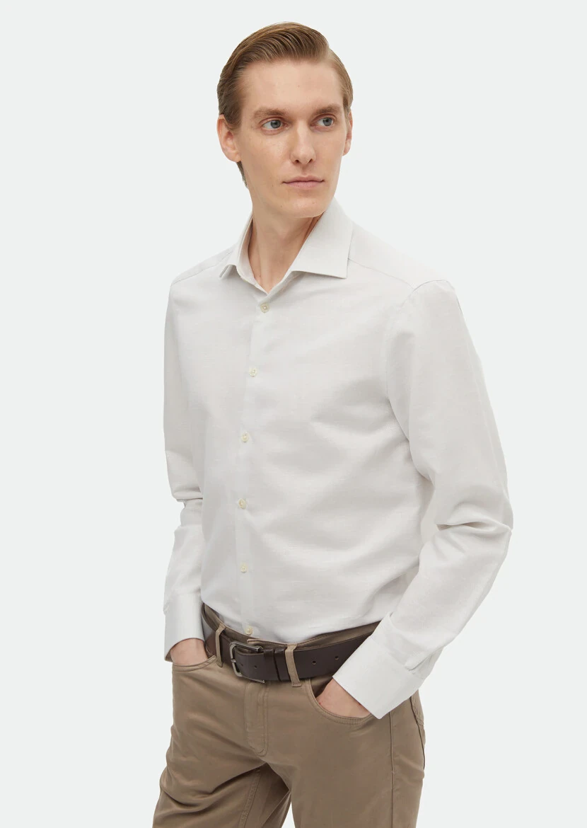 Ecru Plain Regular Fit Weaving Classical Cotton Blended Shirt - RAMSEY