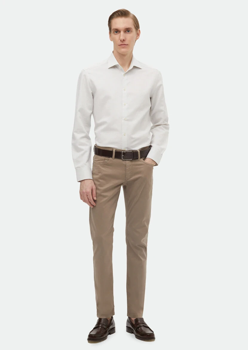 Ecru Plain Regular Fit Weaving Classical Cotton Blended Shirt - RAMSEY