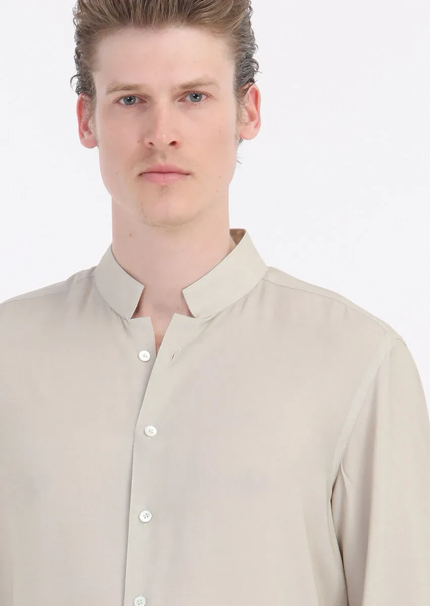 Ecru Plain Slim Fit Weaving Classical Shirt - 3