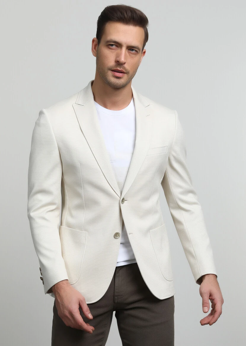Ecru Plain Zeroweight Slim Fit 100% Cotton Jacket - 3