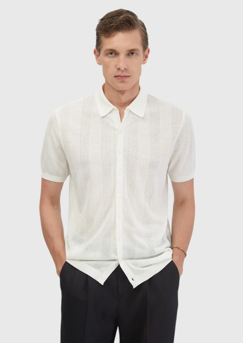 Ecru Polo Neck Jacquard Linen Blended Cardigan - RAMSEY