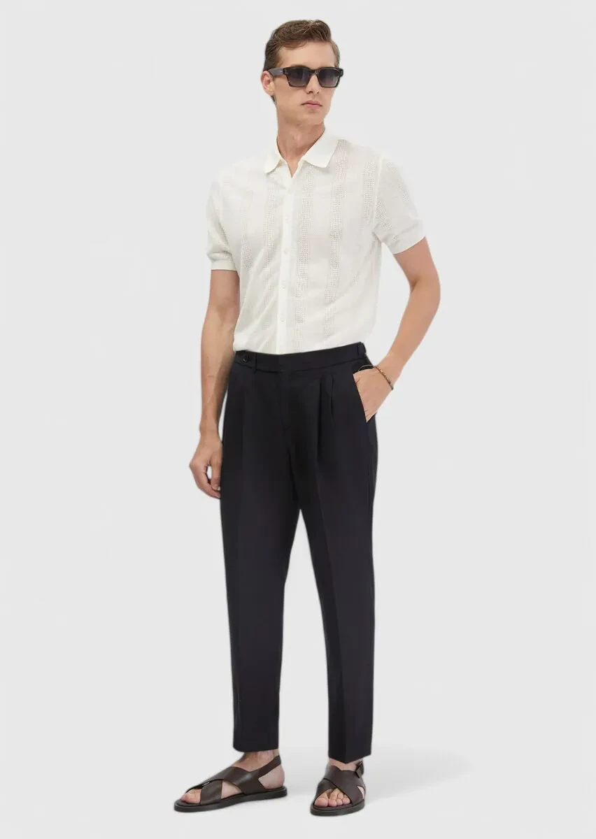 Ecru Polo Neck Jacquard Linen Blended Cardigan - 2