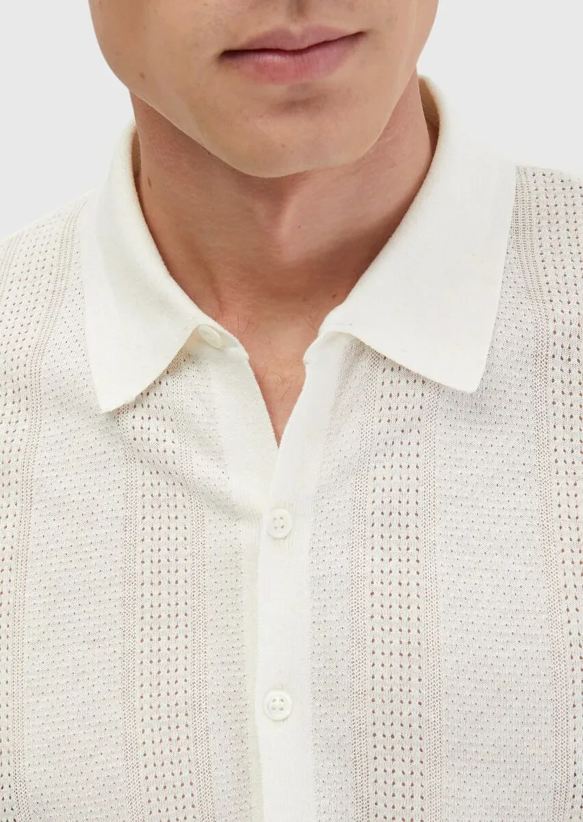 Ecru Polo Neck Jacquard Linen Blended Cardigan - 4