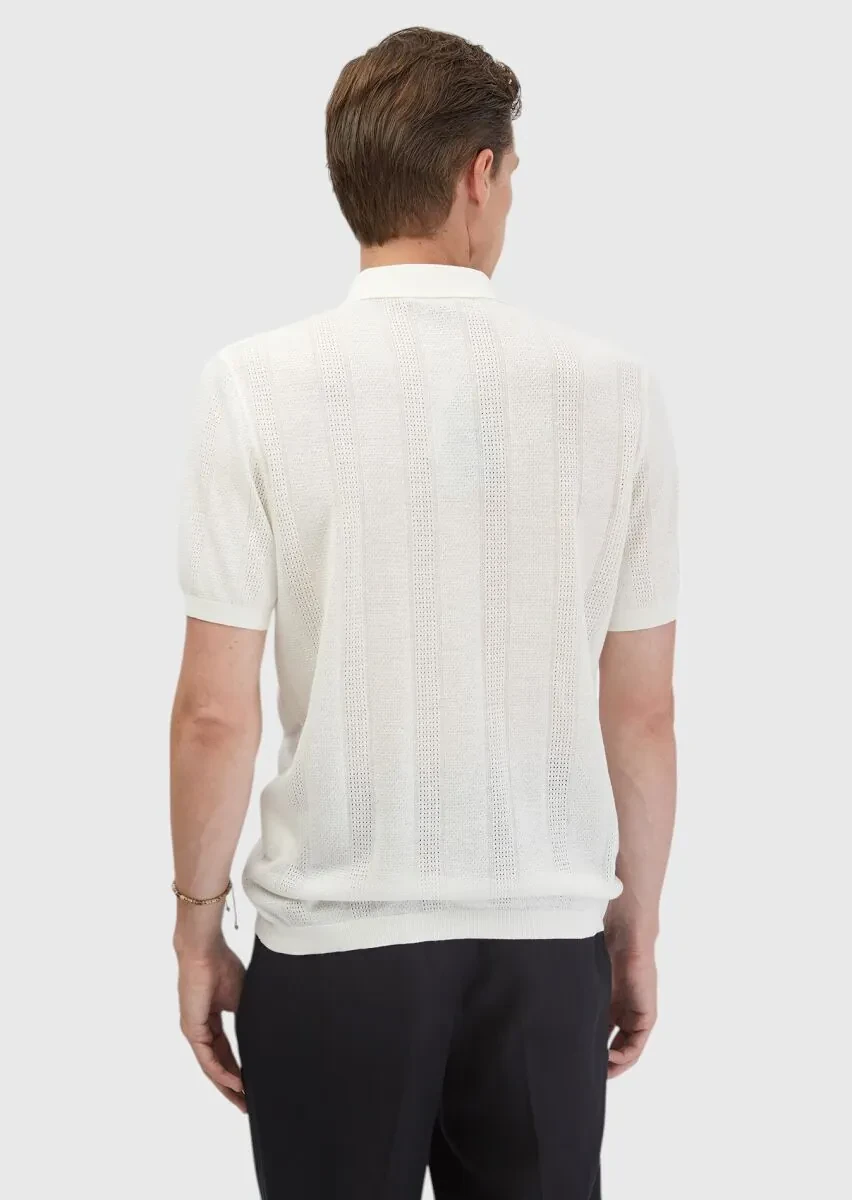 Ecru Polo Neck Jacquard Linen Blended Cardigan - 6