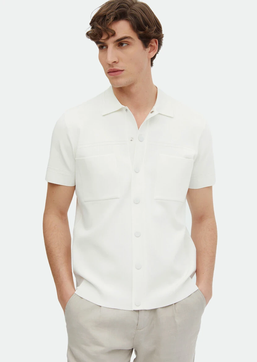 Ecru Polo Neck Plain Knitting Cardigan - RAMSEY