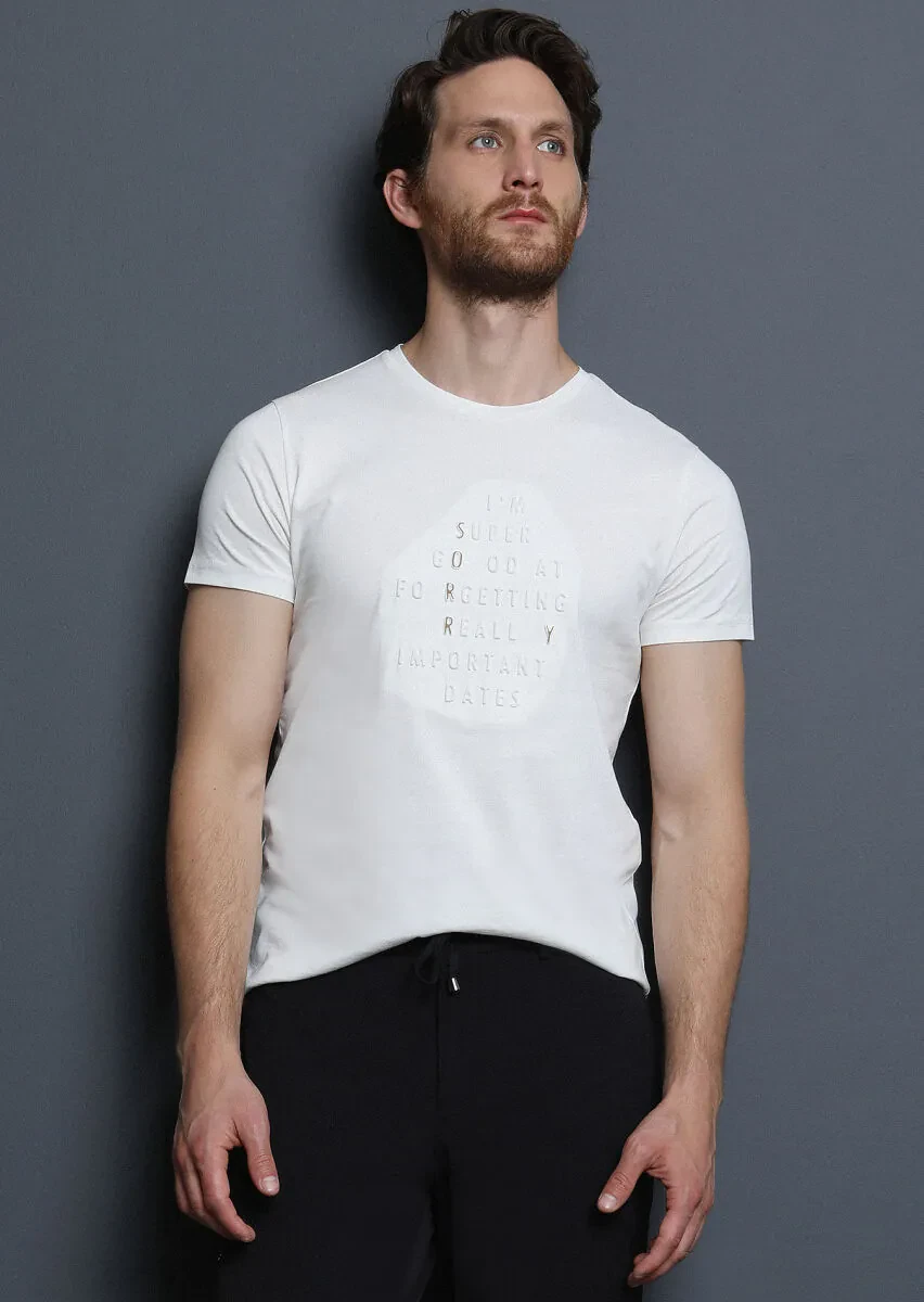 Ecru Printed 100% Cotton T-Shirt - 4