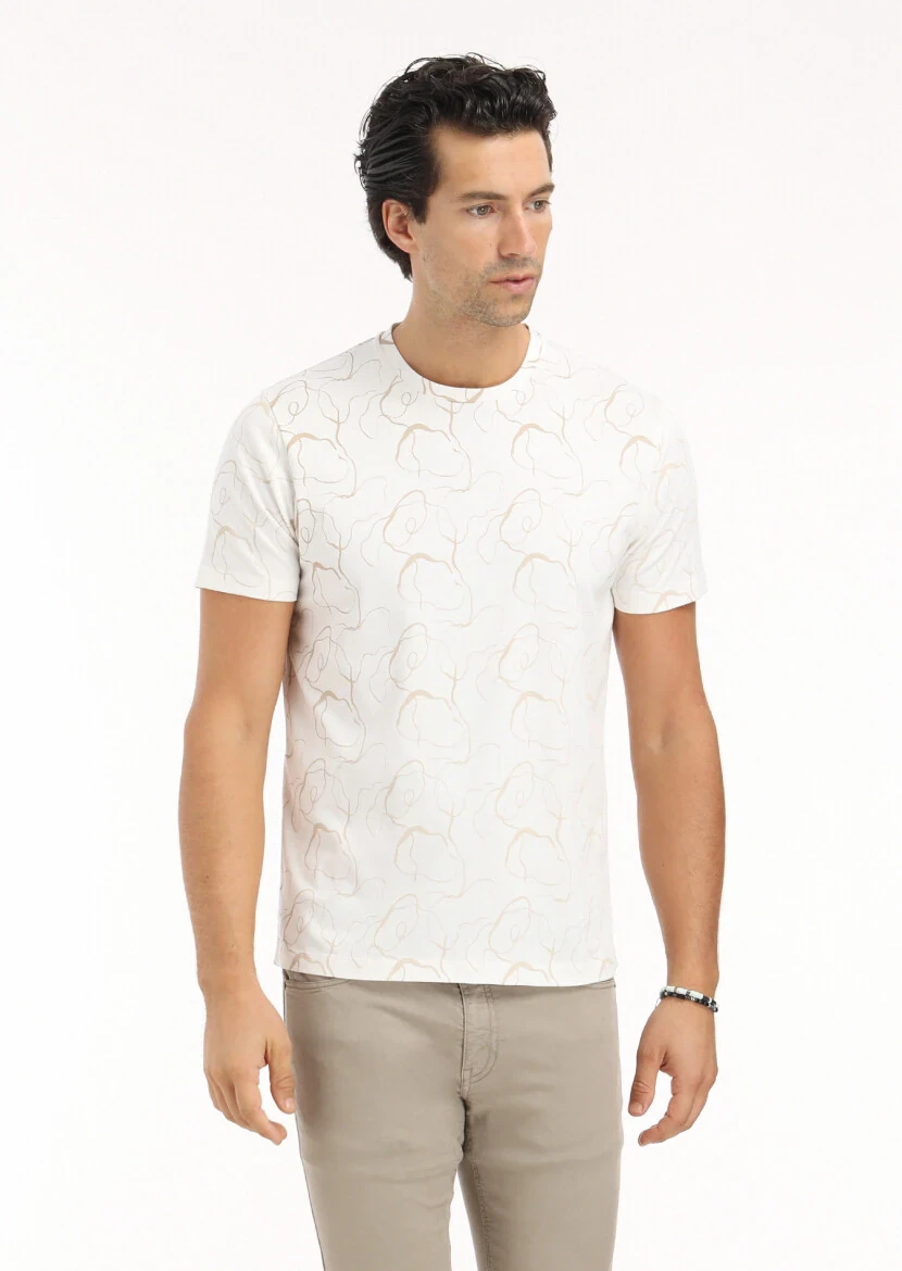 Ecru Printed Crew Neck 100% Cotton T-Shirt 