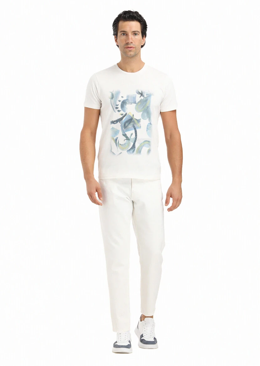 Ecru Printed Crew Neck 100% Cotton T-Shirt - 1