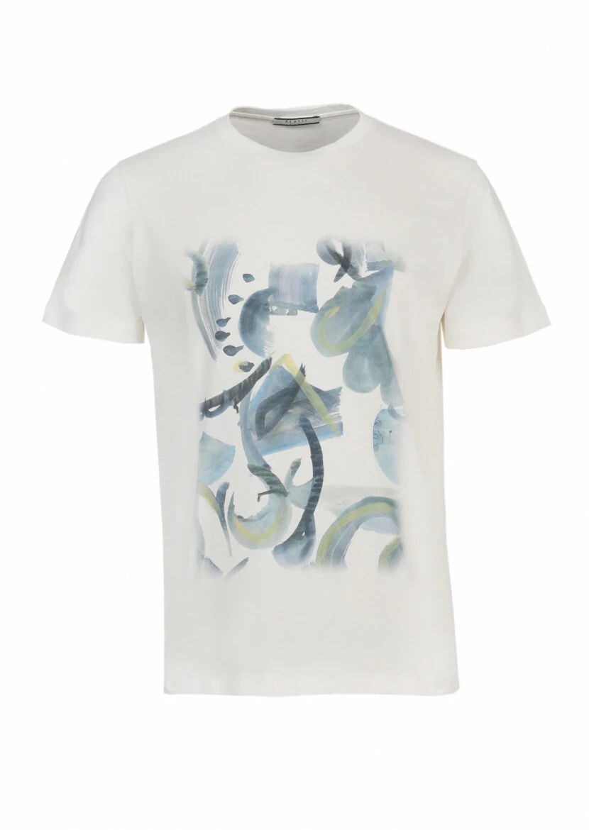 Ecru Printed Crew Neck 100% Cotton T-Shirt - 6