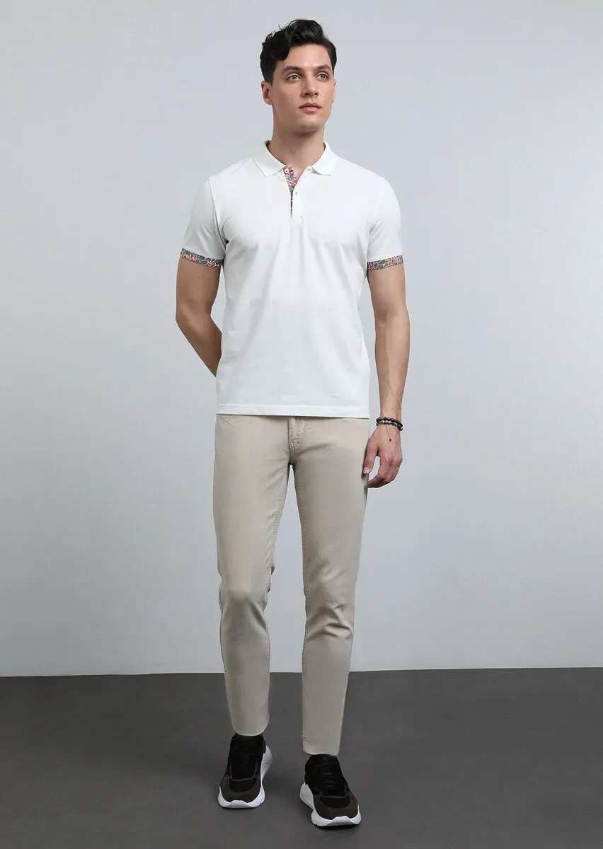 Ecru Printed Polo Neck 100% Cotton T-Shirt - 4